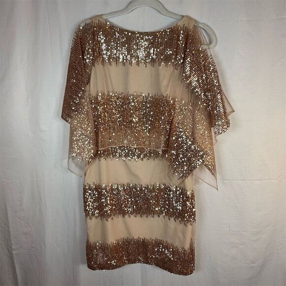 Badgley Mischka Dresses & Skirts - Belle Badgley Mischka Dress Womens 6 Beige Sequin Stripe Sheer Cape Cocktail